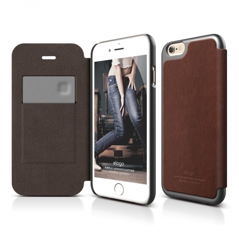 elago S6+ iPhone 6 Plus Leather Flip Case + HD Ekran Koruyucu-Kahverengi-Koyu Gri