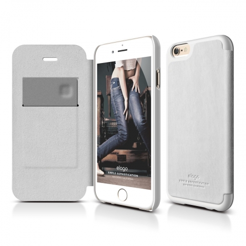 elago S6+ iPhone 6 Plus Leather Flip Case + HD Ekran Koruyucu-Beyaz