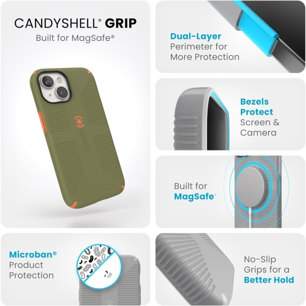 Speck Apple iPhone 15 Plus CandyShell Grip Serisi Klf (MIL-STD-810G)-Bush Green