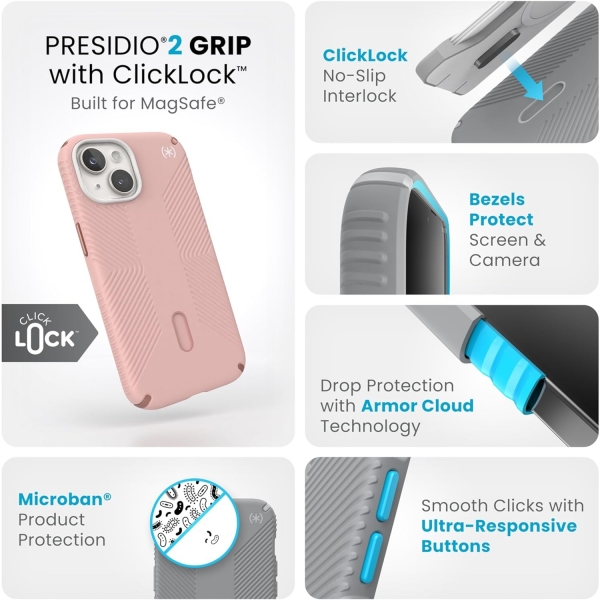 Speck Apple iPhone 15 Plus Presidio2 Grip Serisi Klf (MIL-STD-810G)-Pink