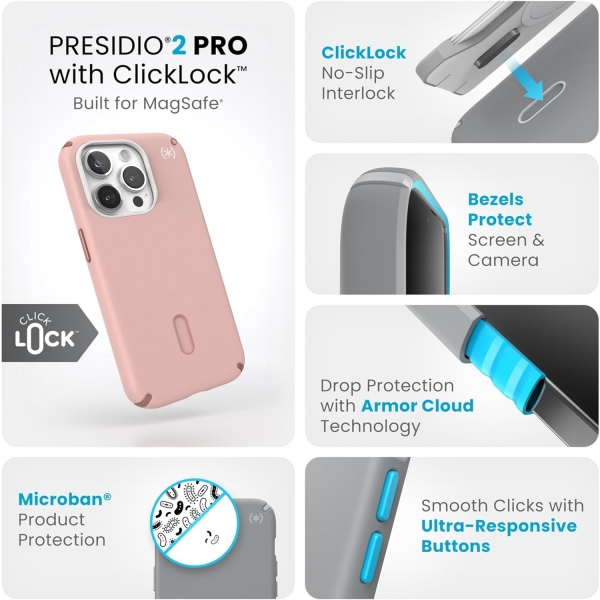 Speck Apple iPhone 15 Pro Max Presidio2 Pro Grip Serisi Klf (MIL-STD-810G)-Pink