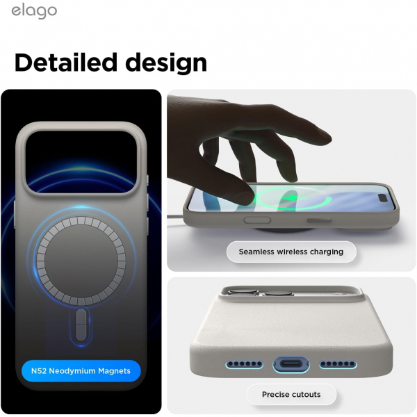 elago Apple iPhone 17 Pro Manyetik Deri Klf-Light Grey