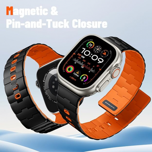 Bandletic Apple Watch Manyetik Silikon Kay�� 42mm-Black/Orange