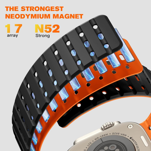 Bandletic Apple Watch 11 Manyetik Silikon Kay�� 42mm-Black/Orange