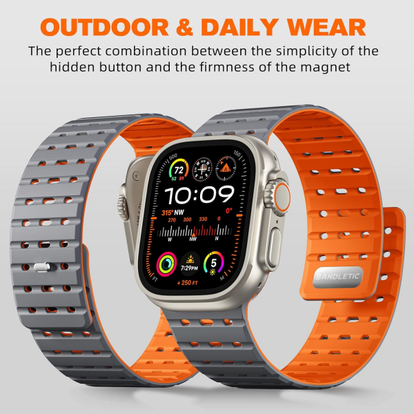 Bandletic Apple Watch 11 Manyetik Silikon Kay�� 42mm-Gray/Orange