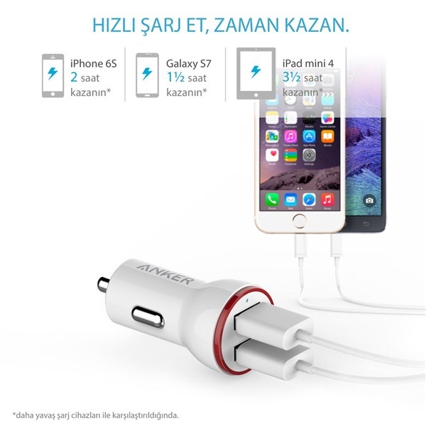 Anker PowerDrive 2 Ara arj / USB arj (Beyaz)