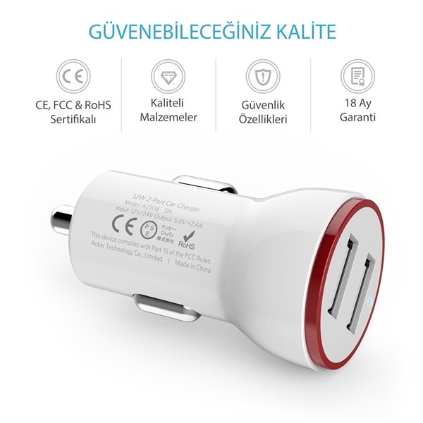 Anker PowerDrive 2 Ara arj / USB arj (Beyaz)