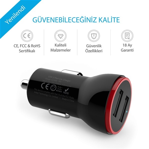 Anker PowerDrive 2 Ara arj / USB arj (Siyah)