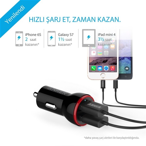 Anker PowerDrive 2 Ara arj / USB arj (Siyah)