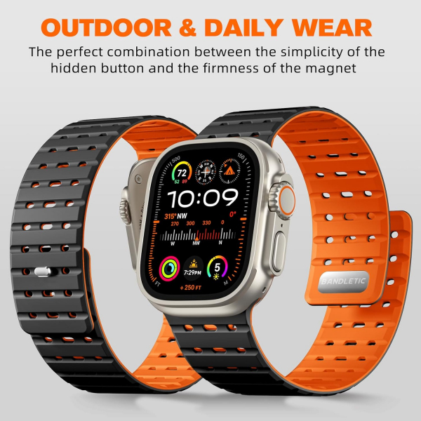 Bandletic Apple Watch Ultra Manyetik Silikon Kay�� 49mm-Black/Orange