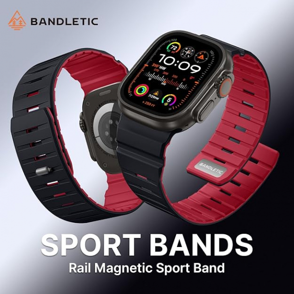 Bandletic Apple Watch 11 Uyumlu Manyetik Silikon Kay��-Black/Red