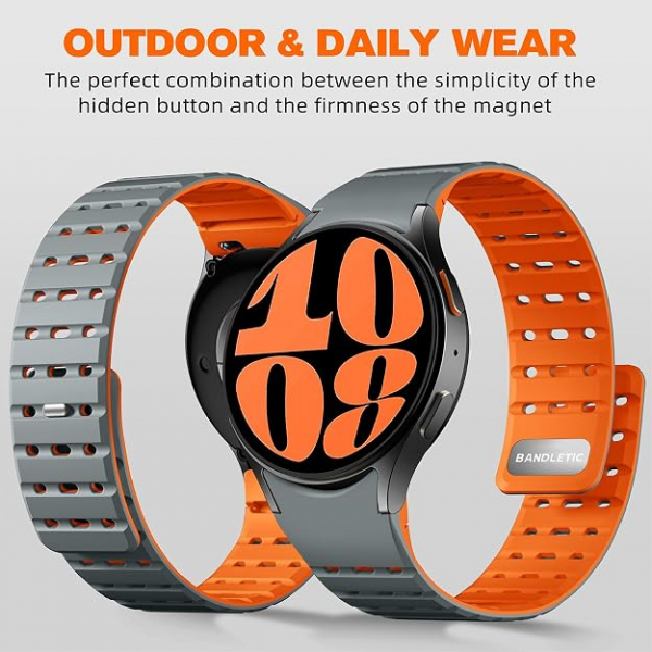 Bandletic Galaxy Watch 7 Manyetik Silikon Spor Kay��-Gray/Orange