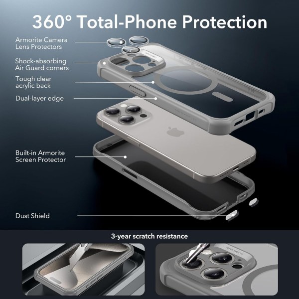 ESR Armor Tam Korumal iPhone 15 Pro Max Klf-Clear Gray