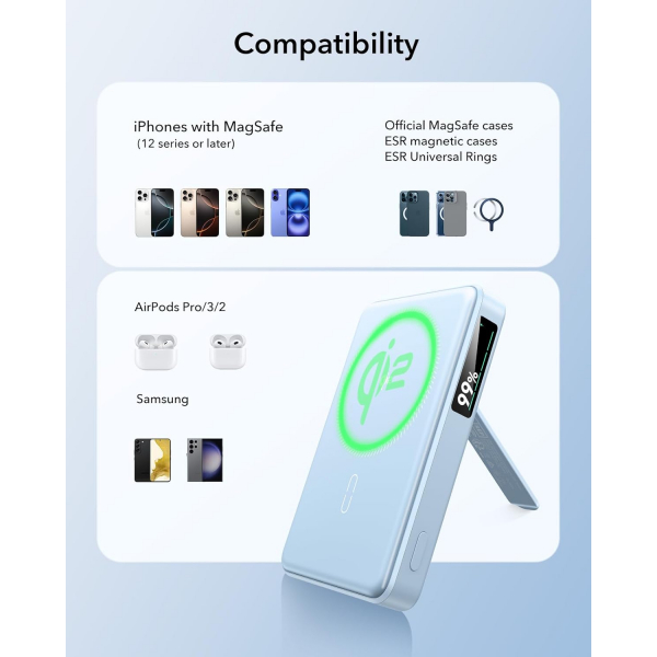 ESR KickStandl MagSafe Kablosuz arj Aleti-Sky Blue