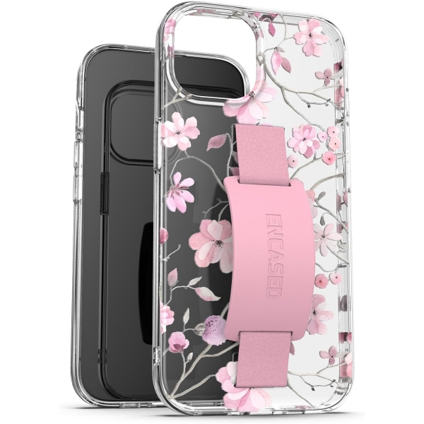 Encased Finger Loop Apple iPhone 15 Klf-Clear/Pink Flowers