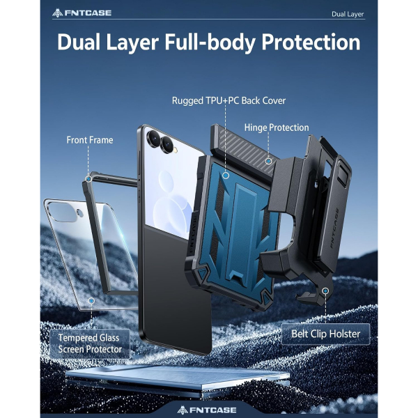 FNTCASE Galaxy Z Flip 8 Darbe Korumal� Standl� K�l�f-Blue