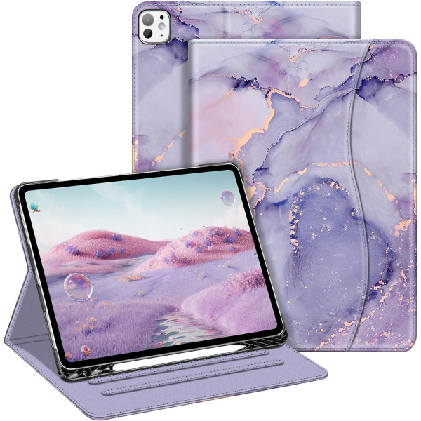 Fintie Folio Kalem Blmeli iPad Pro Klf (13 in)-Lilac Marble
