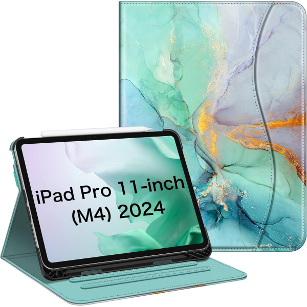 Fintie Apple iPad Pro M4 Kalem Blmeli Klf (11 in)-Emerald Marble 