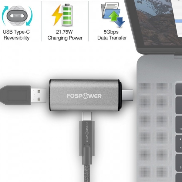 FosPower USB Type C to USB 3.0 / Type C arj Adaptr (Gray)