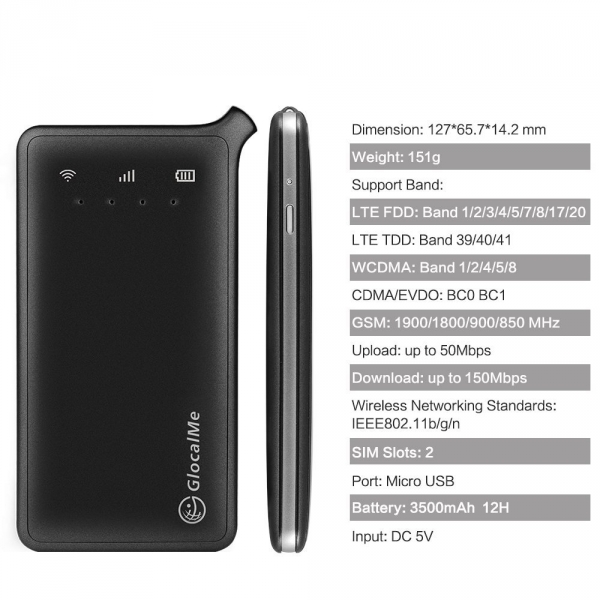 GlocalMe U2 4G Mobile 1 GB Global Wi-Fi Cihaz-Grey