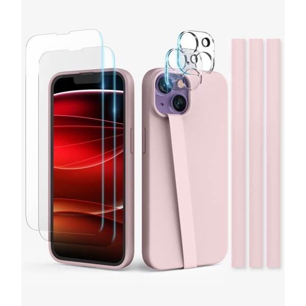 Goospery iPhone 14 2+2 Paket Ekran ve Kamera Lens Koruyucu-Pink Sand