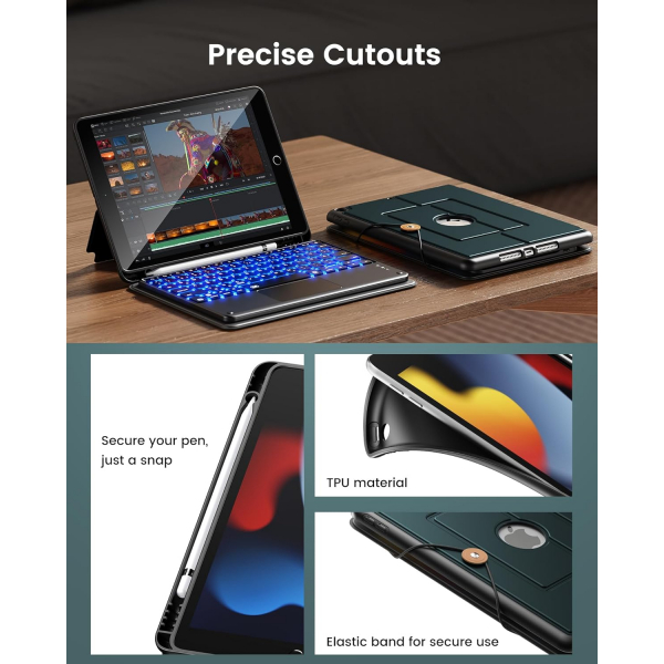 INFILAND iPad 9/8/7.Nesil Tanabilir Klavyeli Klf-Midnight Green 
