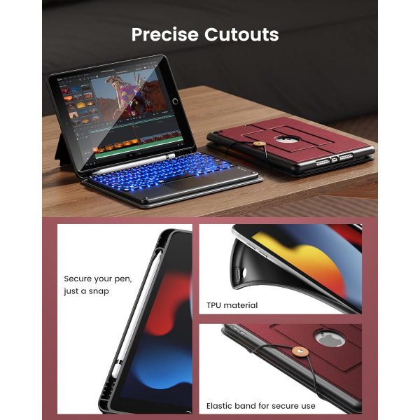 INFILAND iPad 9/8/7.Nesil Tanabilir Klavyeli Klf-Burgundy