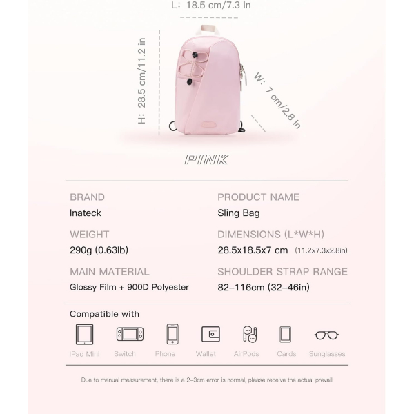 Inateck Sling Bag X-Row Seyahat antas -Pink
