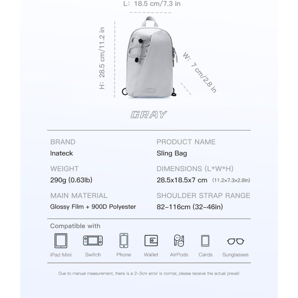 Inateck Sling Bag X-Row Seyahat antas -Gray