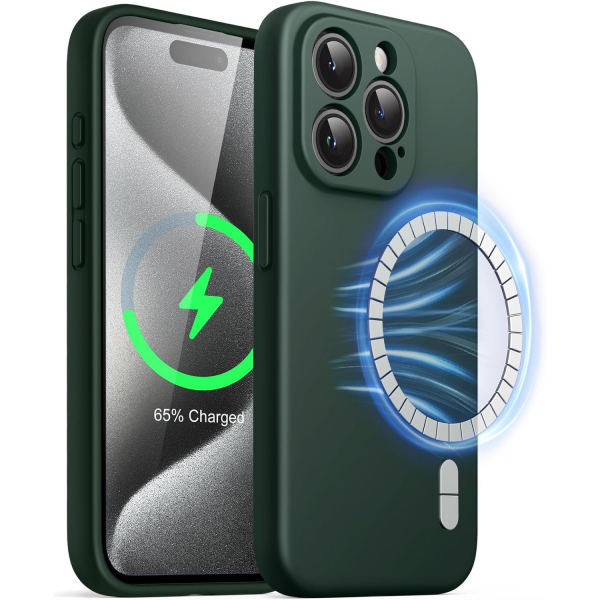 JETech Manyetik iPhone 15 Pro Silikon Klf -Midnight Green