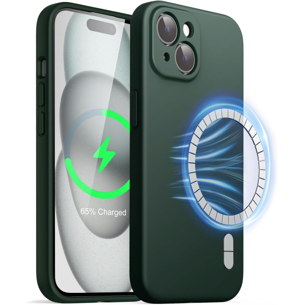JETech Manyetik iPhone 15 Silikon Klf -Midnight Green