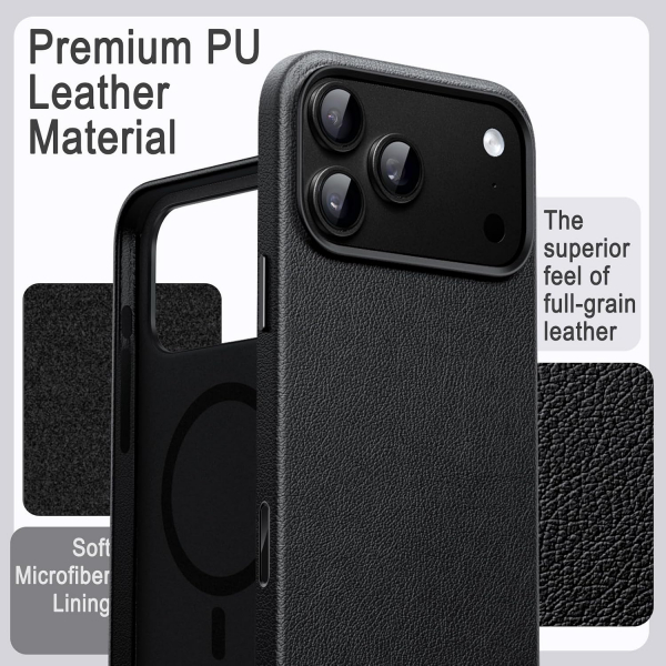 JETech iPhone 18 Pro Max Vegan Deri MagSafe K�l�f-Black