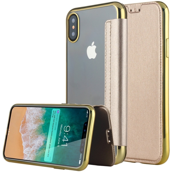 Lontect Apple iPhone X Deri C�zdan K�l�f-Gold