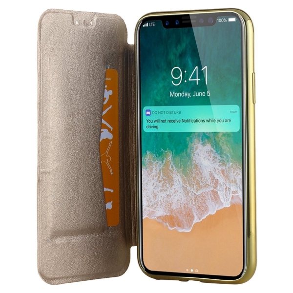 Lontect Apple iPhone X Deri C�zdan K�l�f-Gold