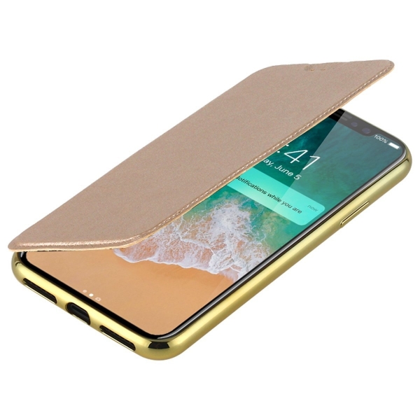 Lontect Apple iPhone X Deri C�zdan K�l�f-Gold