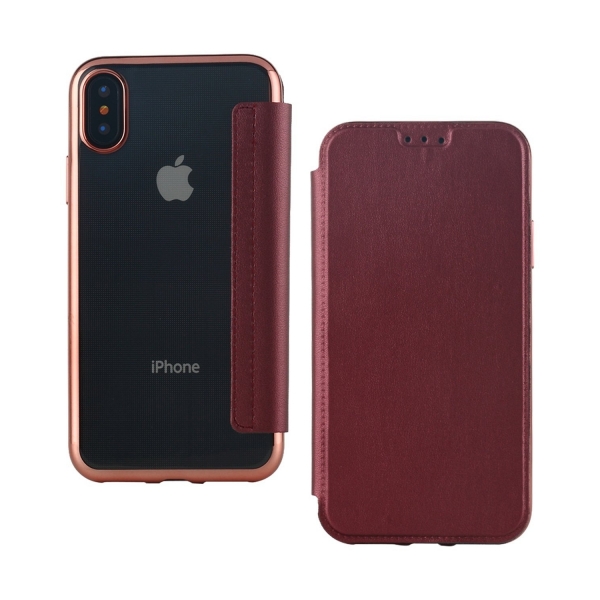 Lontect Apple iPhone X Deri C�zdan K�l�f- Rose Red