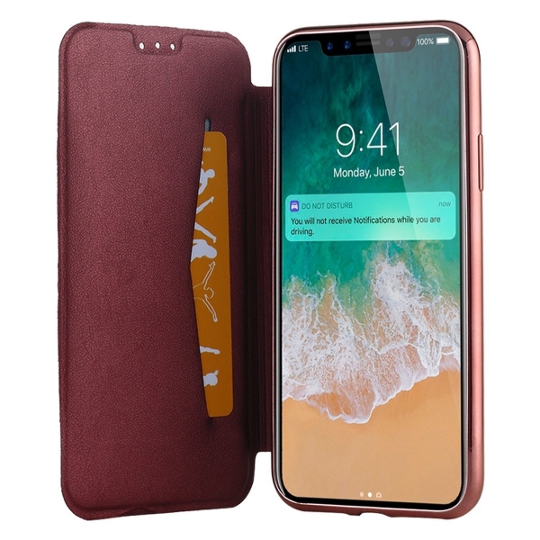 Lontect Apple iPhone X Deri C�zdan K�l�f- Rose Red