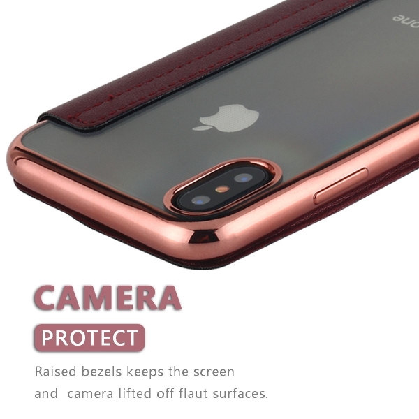 Lontect Apple iPhone X Deri Czdan Klf- Rose Red