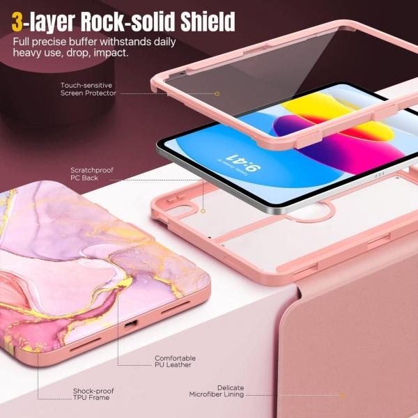 MoKo Apple iPad 10. Nesil Standl Klf (10.9 n)-Light Pink Gold Marble