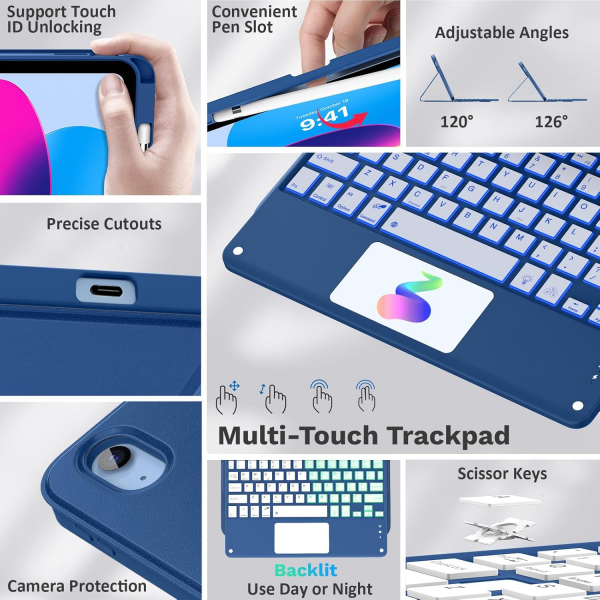 MoKo Apple iPad A16 Klavyeli Klf (11 in)-Navy Blue