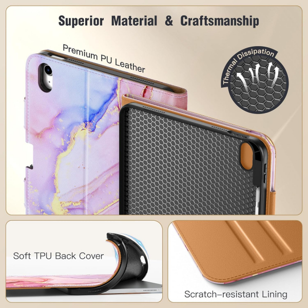 MoKo Apple iPad A16 Deri Folyo Klf (11 in)-Pink Gold Marble 