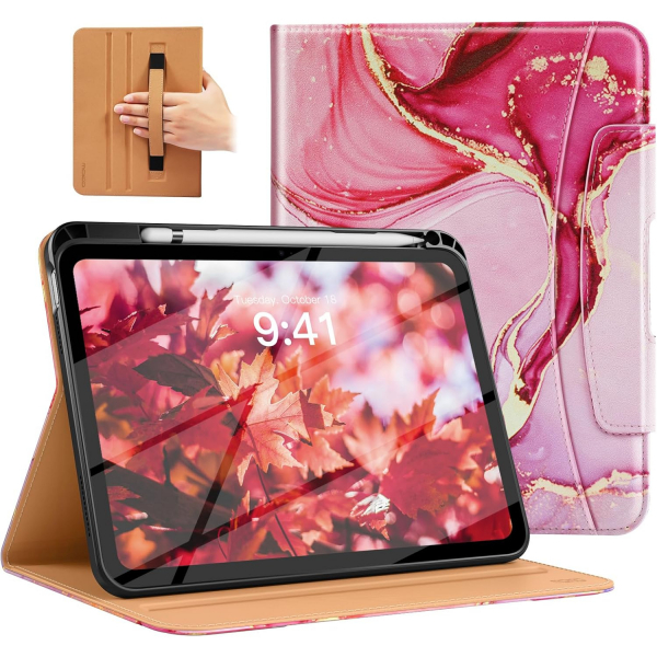 MoKo Apple iPad A16 Deri Folyo Klf (11 in)-Pink Gold Marble 