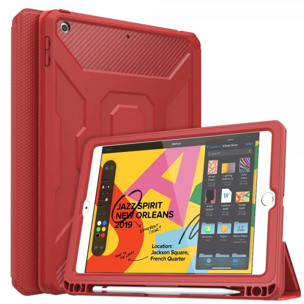 MoKo iPad Kalem Blmeli Klf (10.2 in)(7.Nesil)-Red