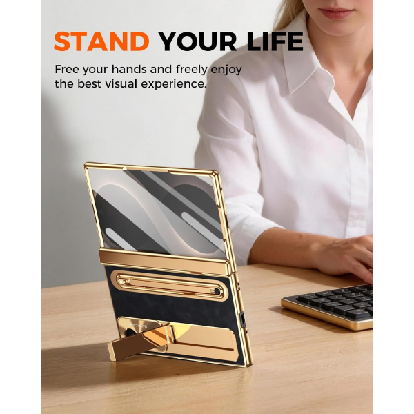 NINKI Galaxy Z Fold 8 Kalemli Standl� K�l�f-Gold/black