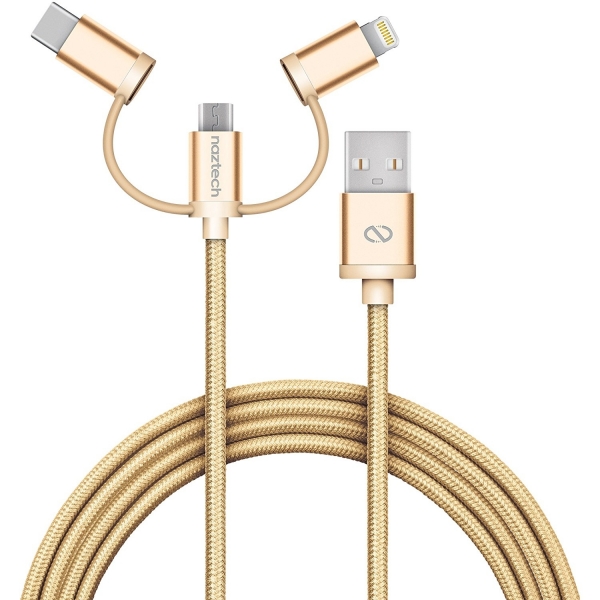 Naztech �rg�l� USB-C/Lightning/Mikro USB Kablo-Gold