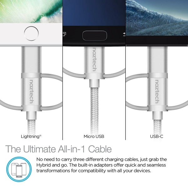 Naztech �rg�l� USB-C/Lightning/Mikro USB Kablo-Silver