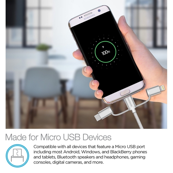 Naztech �rg�l� USB-C/Lightning/Mikro USB Kablo-Silver