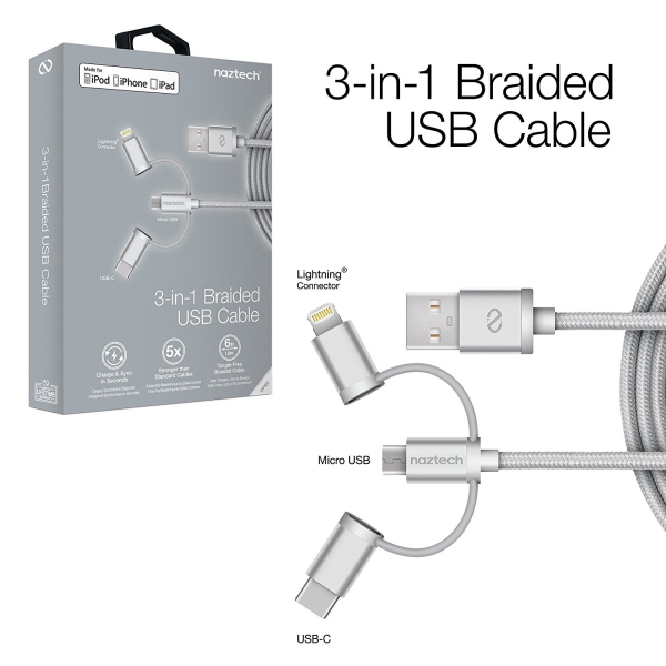 Naztech �rg�l� USB-C/Lightning/Mikro USB Kablo-Silver