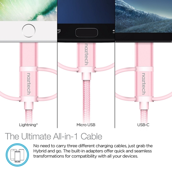 Naztech �rg�l� USB-C/Lightning/Mikro USB Kablo-Rose Gold