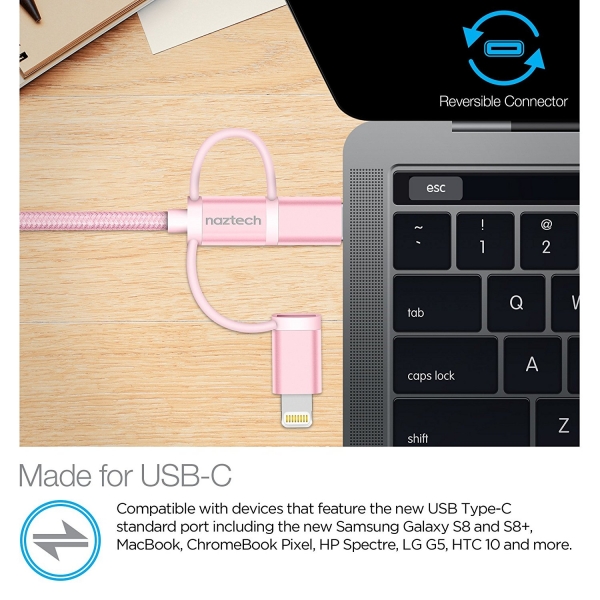 Naztech �rg�l� USB-C/Lightning/Mikro USB Kablo-Rose Gold